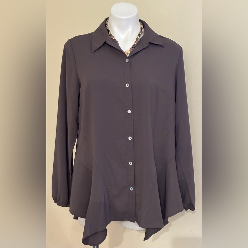 lLOGO Lorii Goldstein Brown Button-Up Elastic Sleeves Top.,Pearl Buttons Sz S.